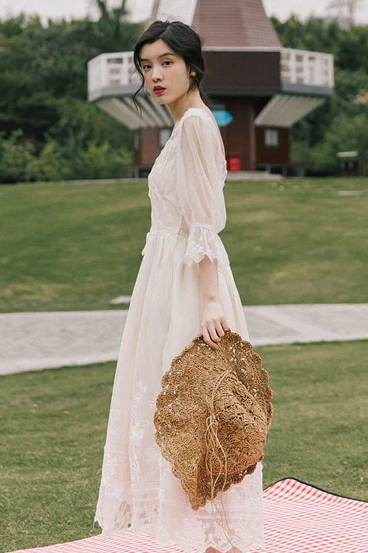 White Sweet Lolita OP Dress with Lace Sleeves and Floral Embroidery