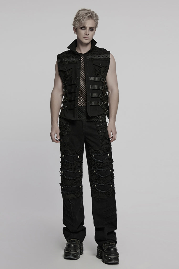 Men's Punk Vest with Rivet Buckles and Mesh Stitching