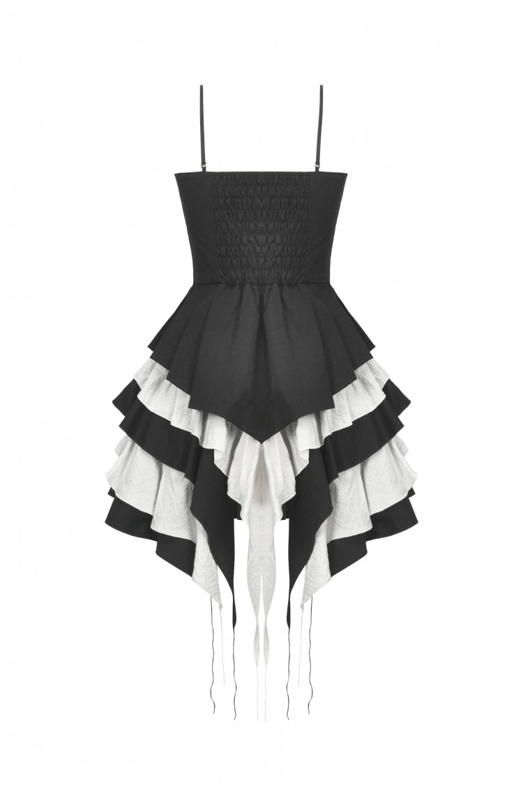 Monochrome Sleeveless Multi-Layered Ruffled Bow Slip Dress