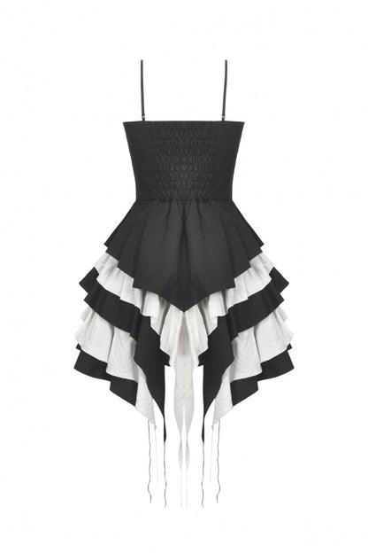 Monochrome Sleeveless Multi-Layered Ruffled Bow Slip Dress