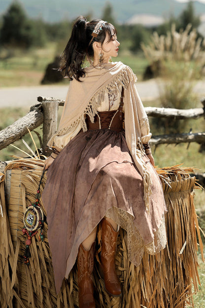 Brown Sunset Yellow Sand Print Irregular Asymmetric Vintage Lolita Dress Set
