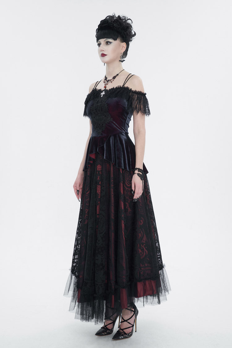 Crimson Stretch Velvet Eyelash Lace Short Sleeve One-Shoulder Goth Strap Tee