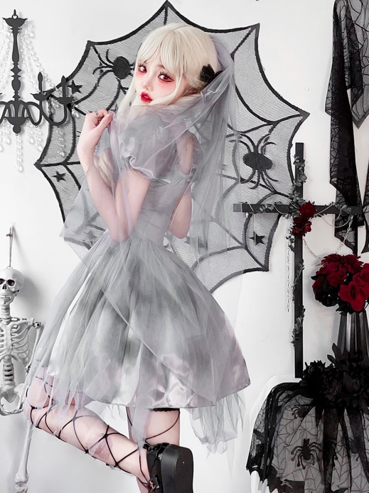 Halloween Gray Puff Sleeves Dress Costume