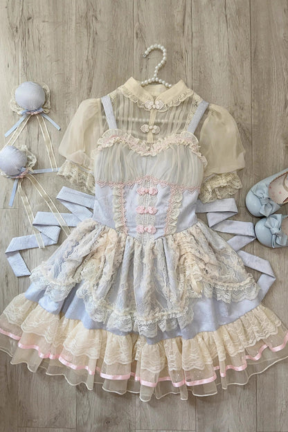 Flower Bud Halterneck Print Ruffle Lace Jsk - Chinese Ballet Lolita