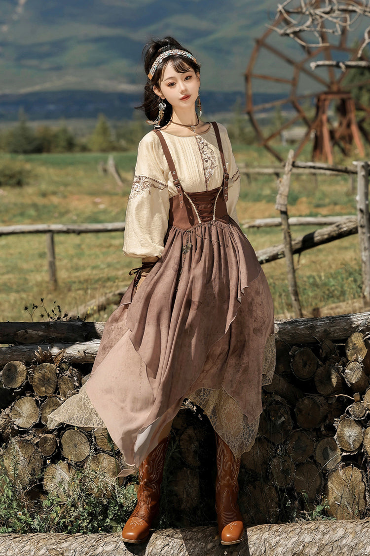 Brown Sunset Yellow Sand Print Irregular Asymmetric Vintage Lolita Dress Set
