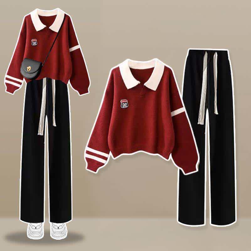 Casual Lapel Stripe Sweater Casual Pants Set