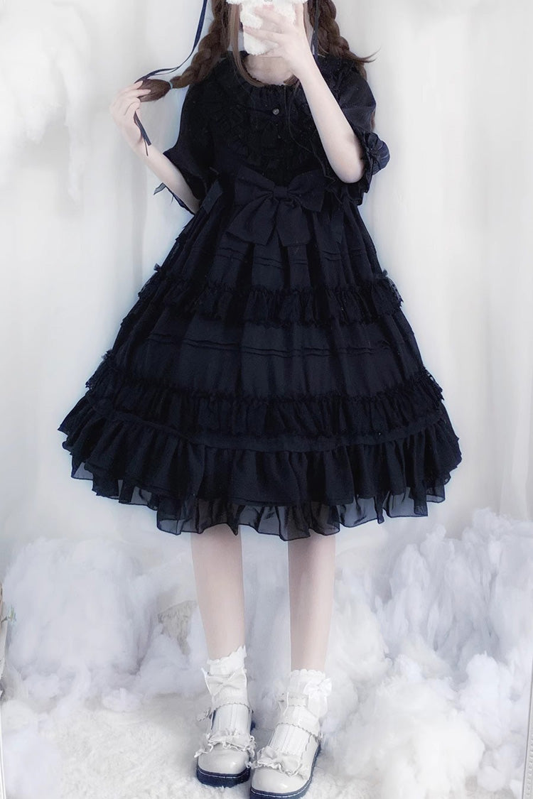 Black Lace Angel Short-Sleeved Bow-Trim Ruffled Gothic Lolita Dress