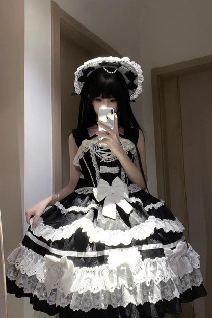 Black White Super Cute Belia Sleeveless Triple-Layered Ruffle Bowknot Lace Gothic Elegant Lolita Jsk Dress