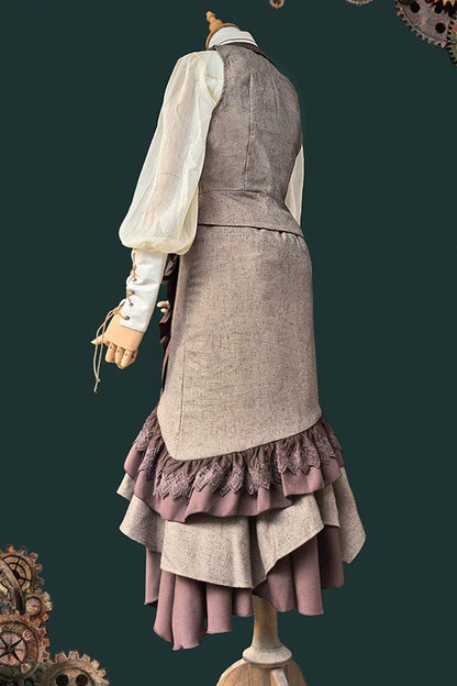 Coffee Brown Traveler Sleeveless Asymmetrical Ruffle Punk Lolita Skirt Set