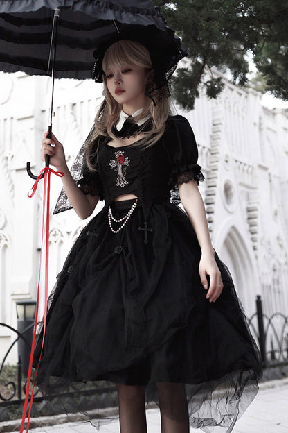 Black Rose Embroidered Gothic Lolita Dress Set with Cutout Top