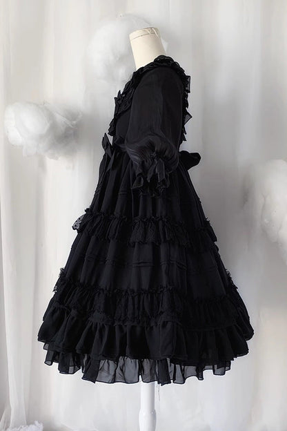 Black Lace Angel Short-Sleeved Bow-Trim Ruffled Gothic Lolita Dress