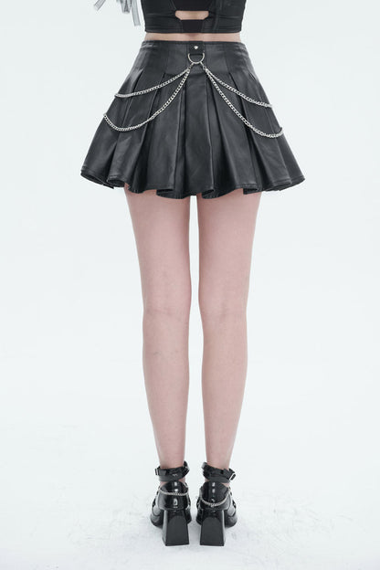 Gothic Women's Pleated Skirt with Faux Leather Web Eyelet Adjustable String and Chain