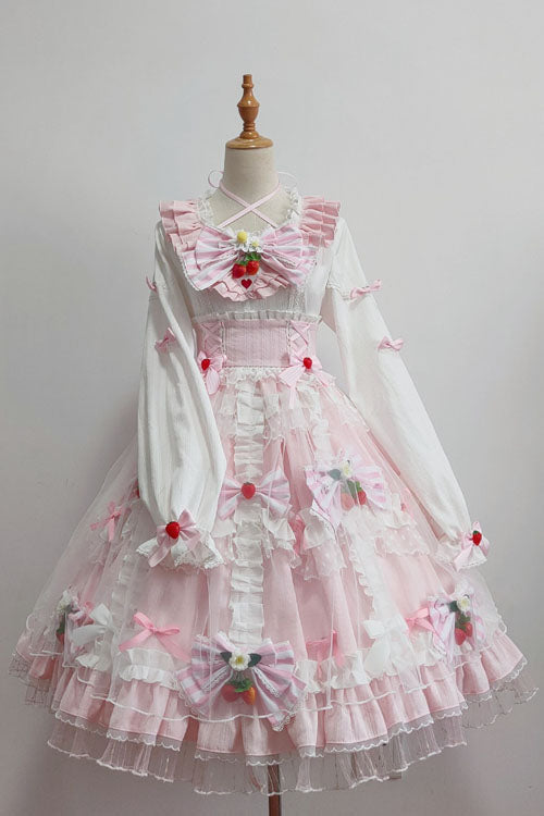 Pink OP Dress Sweet Lolita Strawberry Bowknot Round Collar - Altfashion Shop