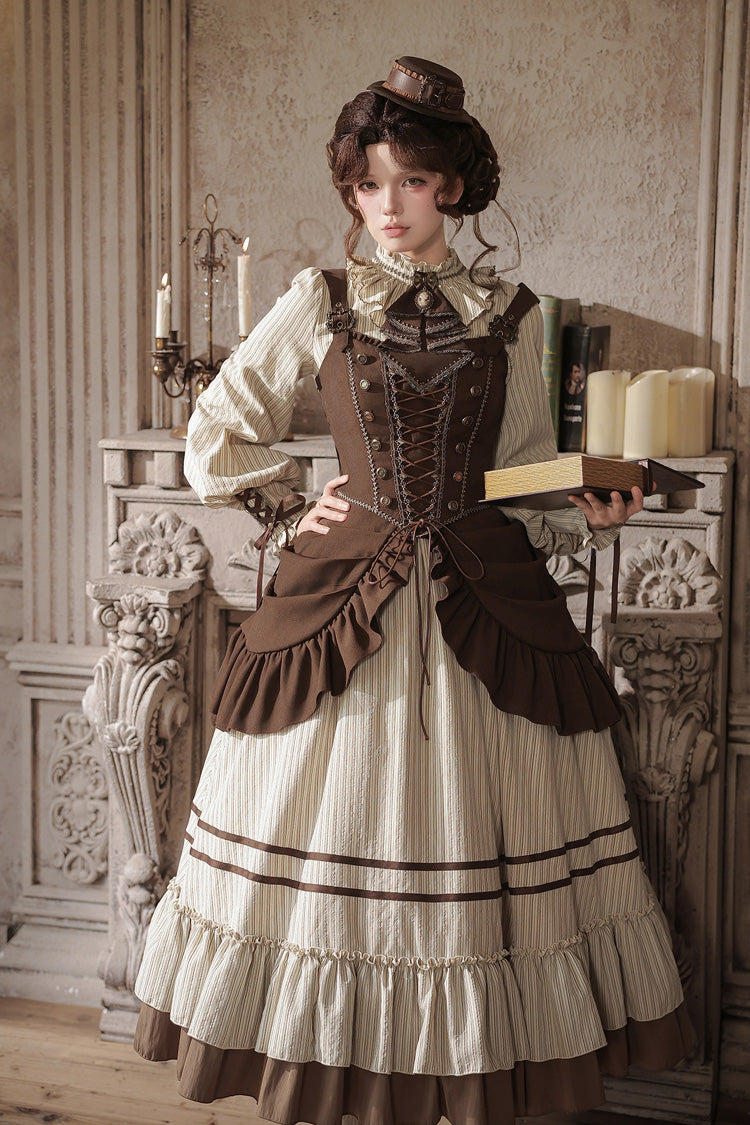 At Sunset Round-Collar Lantern-Sleeved Double-Layered Printed Ruffled Classic Lolita Dress in Beige and Brown, 2 Versions