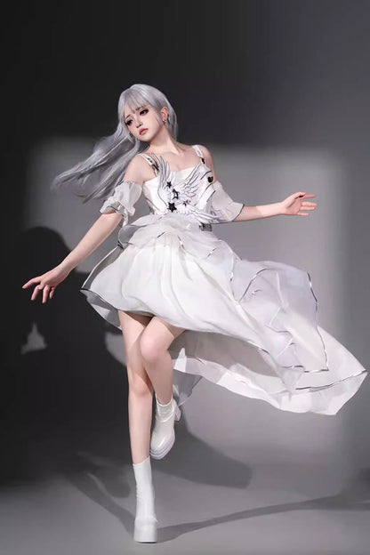 Asymmetric Futuristic Punk Jumper Dress Set - White Silver Wings