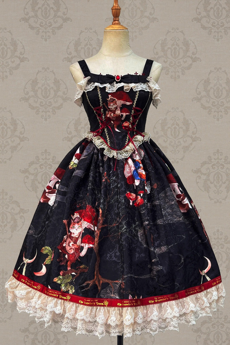 Traveler Cat Print Ruffle JSK in Vintage Style
