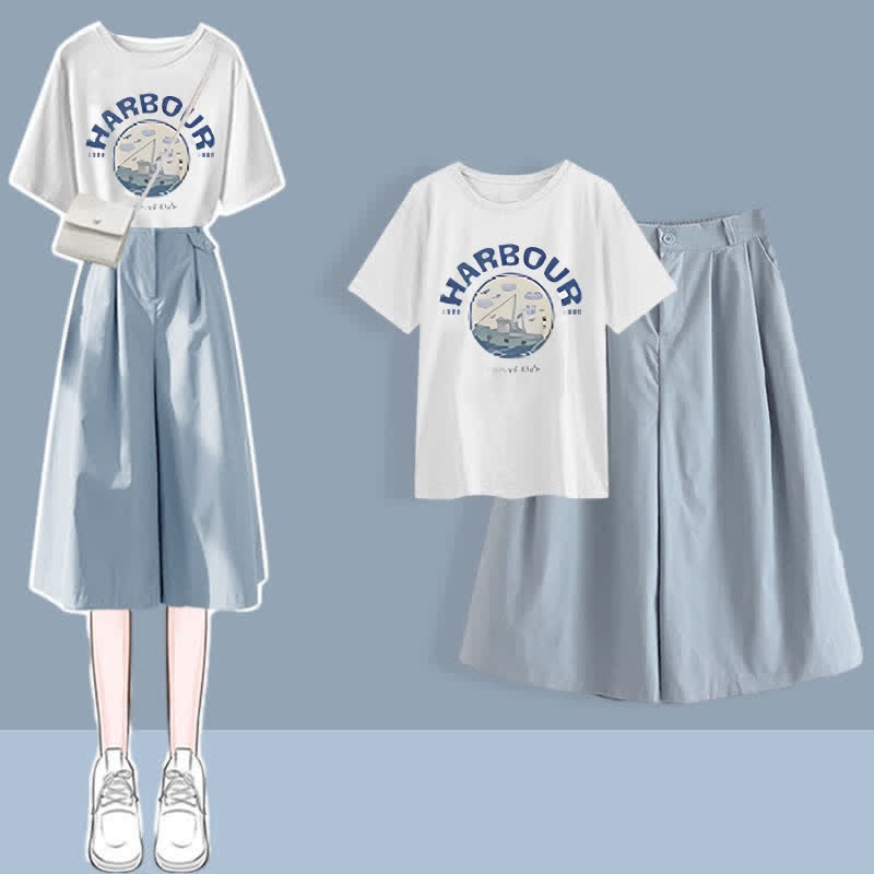 Pieces Casual Printed T-Shirt Set Collar Leg Pants Wide Chic Two Round