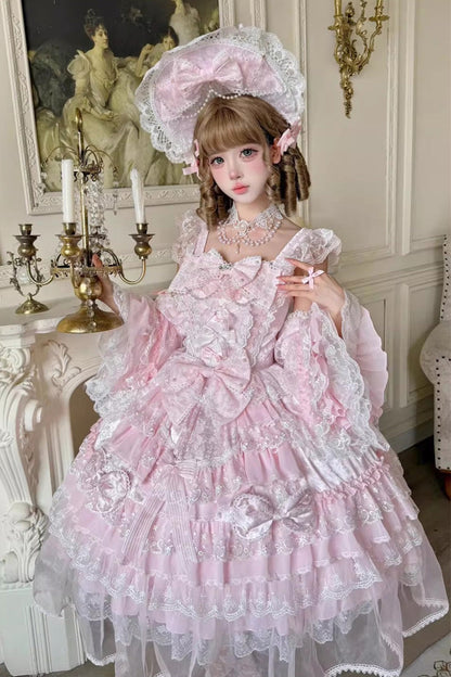 Rose Spring Prelude Sleeveless Tiered Ruffle Bow Lace Princess Sweet JSK Dress