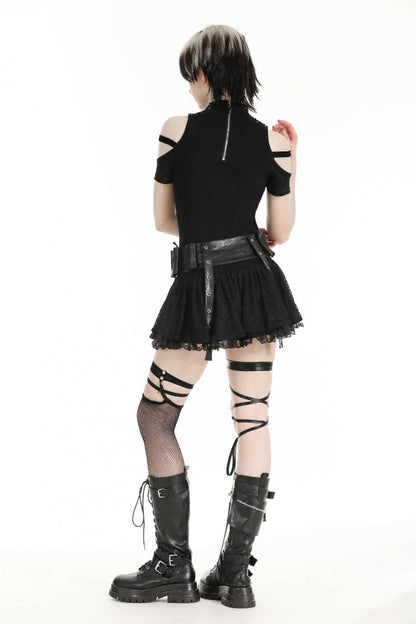 Lace-Up Punk Mini Skirt with Spliced Lace in Black Faux Leather