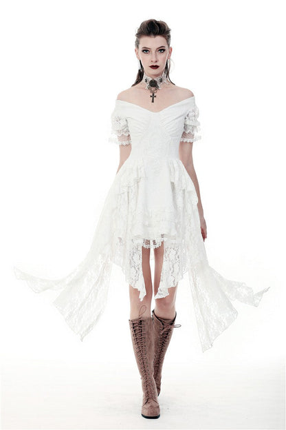 Ivory Off-Shoulder Lace Short Sleeve Steampunk Wedding Dress