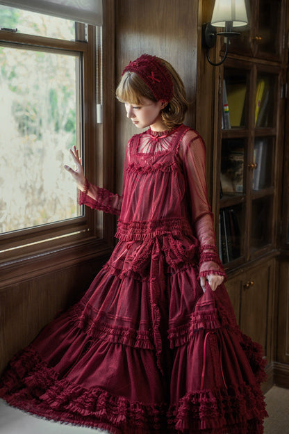 Sweet Stand Collar Long Sleeve Multi Layer Ruffle Color Block Lolita Tiered Dress 14 Colors