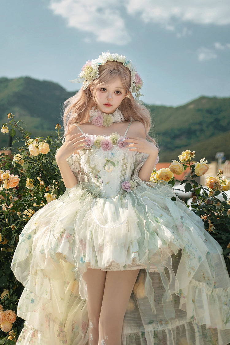 Emerald Layered Fishbone Lace-Up Lolita JSK - Spring Rose