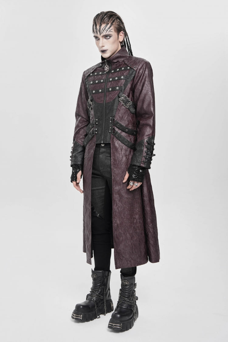 Crimson Mandarin Collar Zip Strap Eyelet Men's Punk Coat