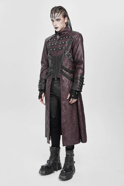 Crimson Mandarin Collar Zip Strap Eyelet Men's Punk Coat