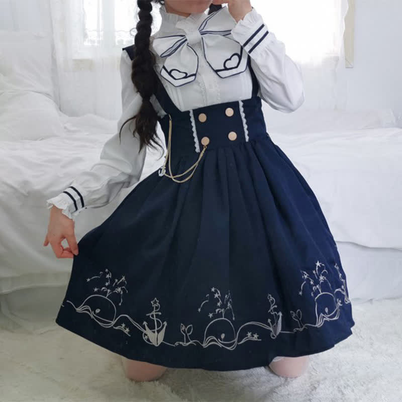 Sailor Collar Shirt Cartoon Dolphin Print Suspender Skirt