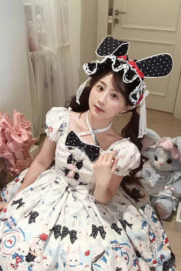 Mystery Rabbit Tea Party Square-Collar Short-Sleeved Print Ruffle Bowknot Lace Sweet Lolita Dress in Beige