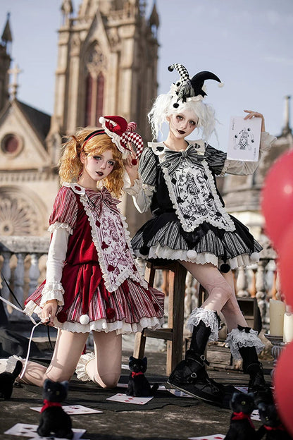 Letters and Poems Doll Mask Poker Clown Long Sleeves Ruffled Bow Gothic Lolita Dress Set