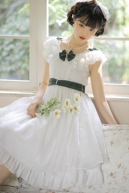 White Round-Collar Sleeveless Ruffled Bow-Trim Sweet Lolita Dress
