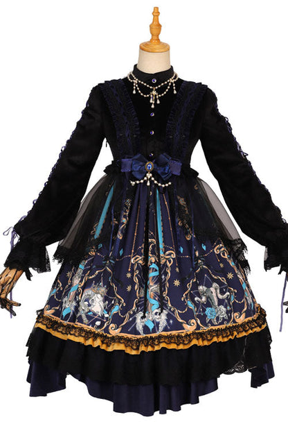 Black Gothic Lolita OP Dress with Lace Ruffled Long Sleeves