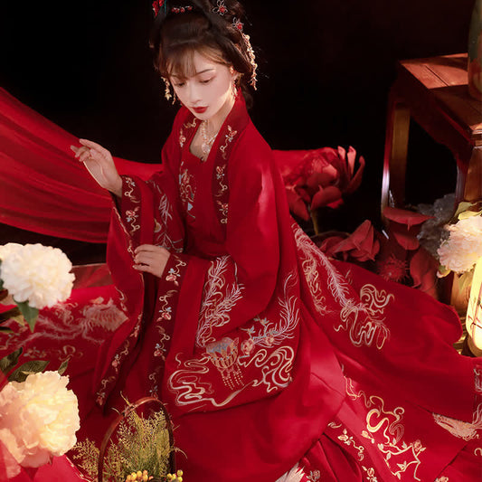 Ensemble Hanfu avec débardeur et jupe à manches longues et broderie de phénix rouge