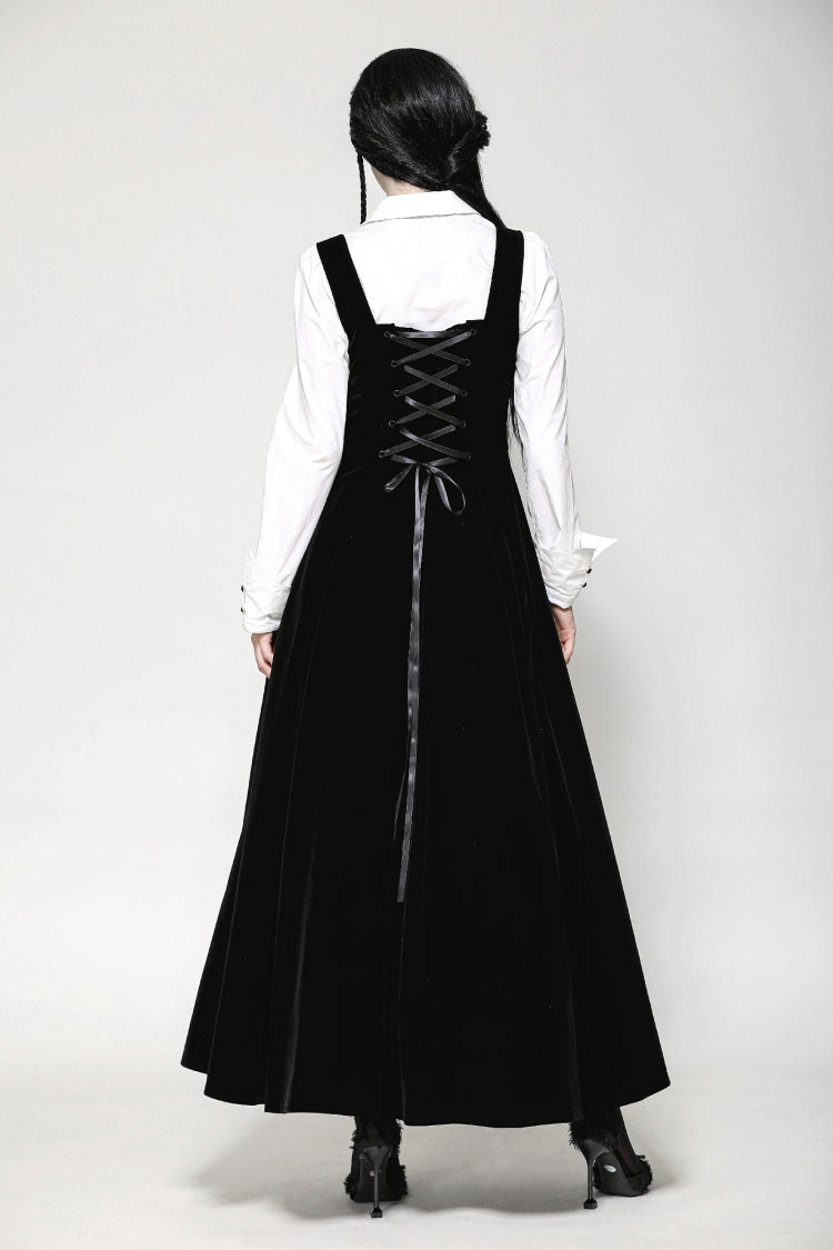 Gothic Women's Velvet Maxi Dress with Embroidered Horns and Lace-Up Back