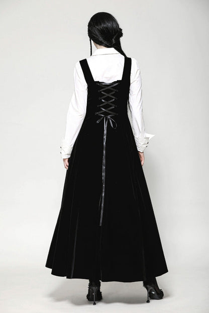 Gothic Women's Velvet Maxi Dress with Embroidered Horns and Lace-Up Back