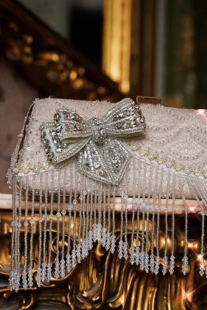 Rhinestone Bow Evening Clutch in Champagne