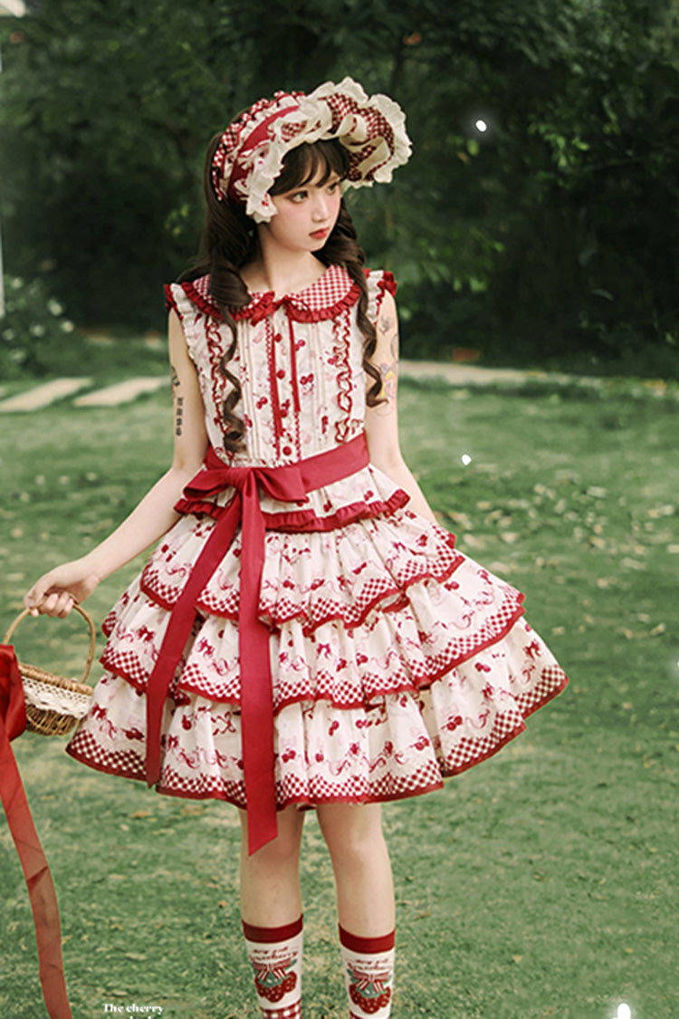 Crimson Three-Tier Cherry Print Ruffle Sweet Lolita Skirt Ensemble