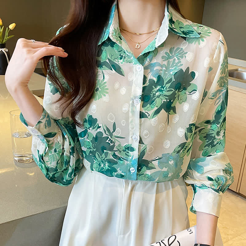 Chemise en mousseline à manches bouffantes et imprimé floral vert