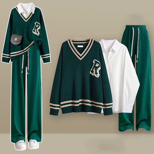 Drawstring Pants Print Sweater Letter V-neck Set Shirt