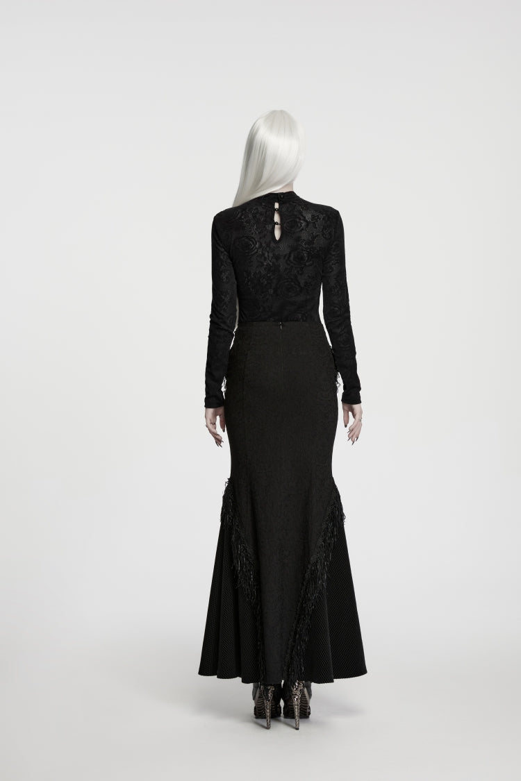 Gothic Top for Her with High Collar and Rose Jacquard Lace, Slim Fit