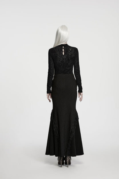 Gothic Top for Her with High Collar and Rose Jacquard Lace, Slim Fit