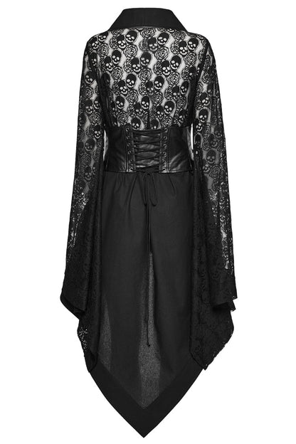 Skull Print Hollow Stitching Black Asymmetric Steampunk Kimono Dress