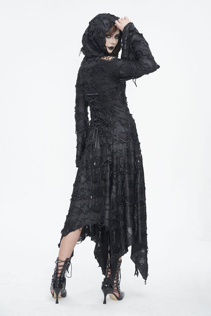 Irregular Hooded Goth Dress with Flared Sleeves