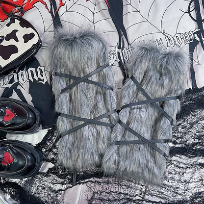 Grey Self-tie Strap Shaggy Plush Leg Warmers