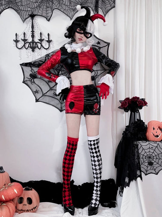 Halloween Black Red Cropped Clown Costume Top and Shorts