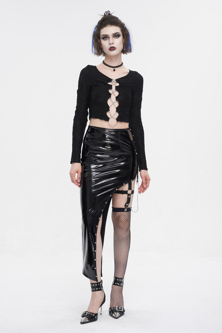 Patent Leather Asymmetric Black Punk Skirt with Mesh Stocking