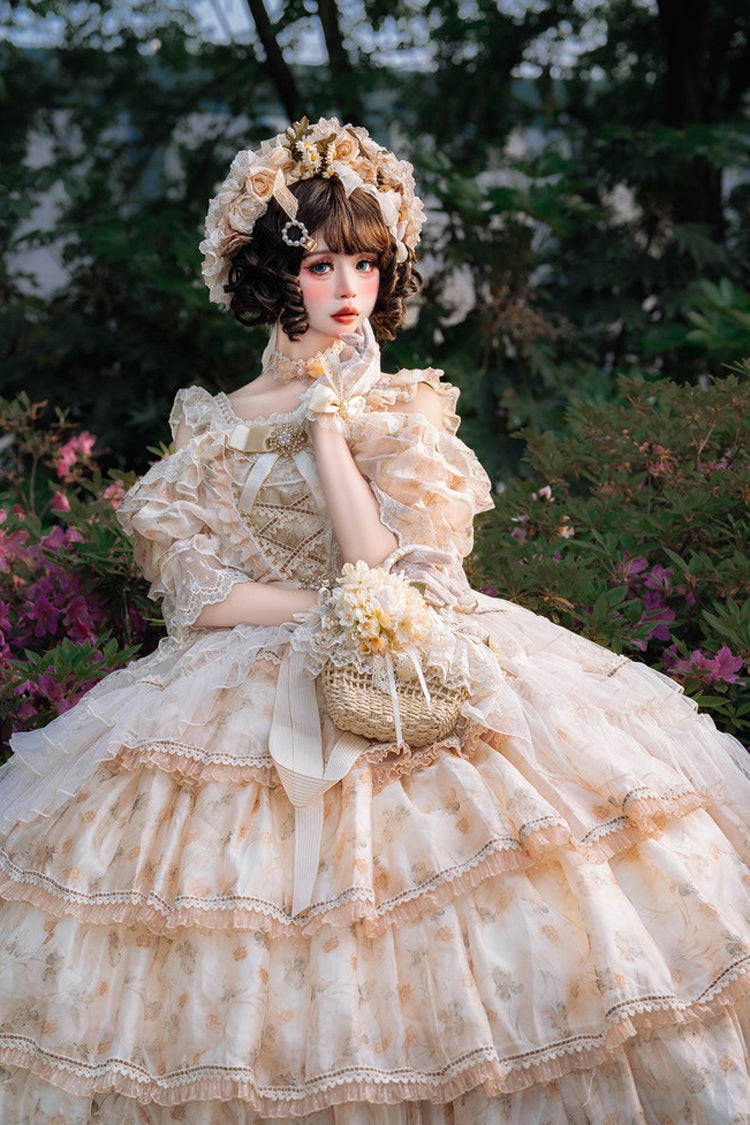 Rose Letter Off Shoulder Triple Layer Print Ruffle Hanayome Princess Lolita in Yellow