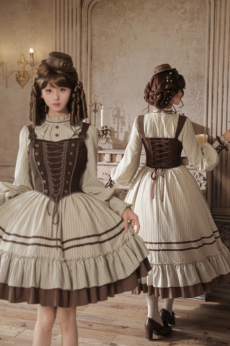 At Sunset Round-Collar Lantern-Sleeved Double-Layered Printed Ruffled Classic Lolita Dress in Beige and Brown, 2 Versions