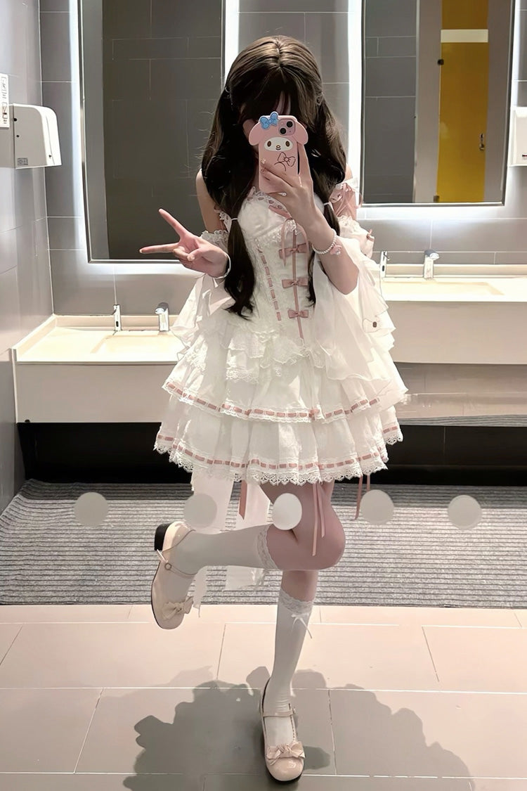 White Little Love Song Detachable Flared Sleeves Ruffle Bow Lace Sweet Set